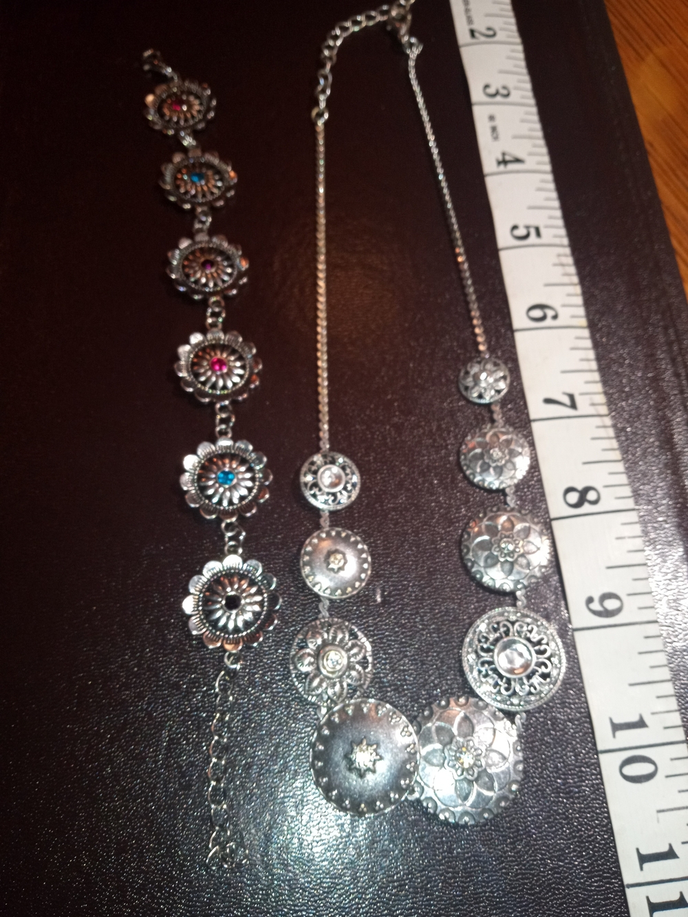 Silver Floral Medallion Necklace and Bracelet Set - Silver